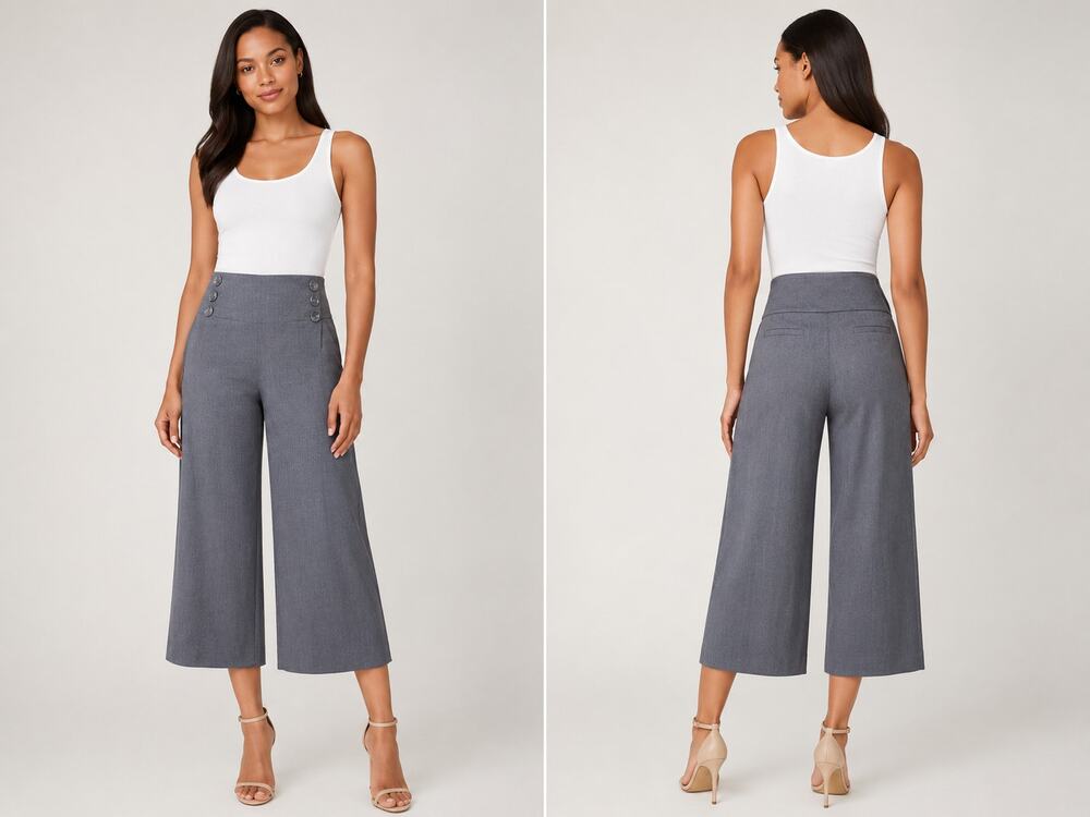 Cache Wide Leg Stretch Buttons Crop Self Belt Pant New Gray Gaucho NWT $98 Sz 2